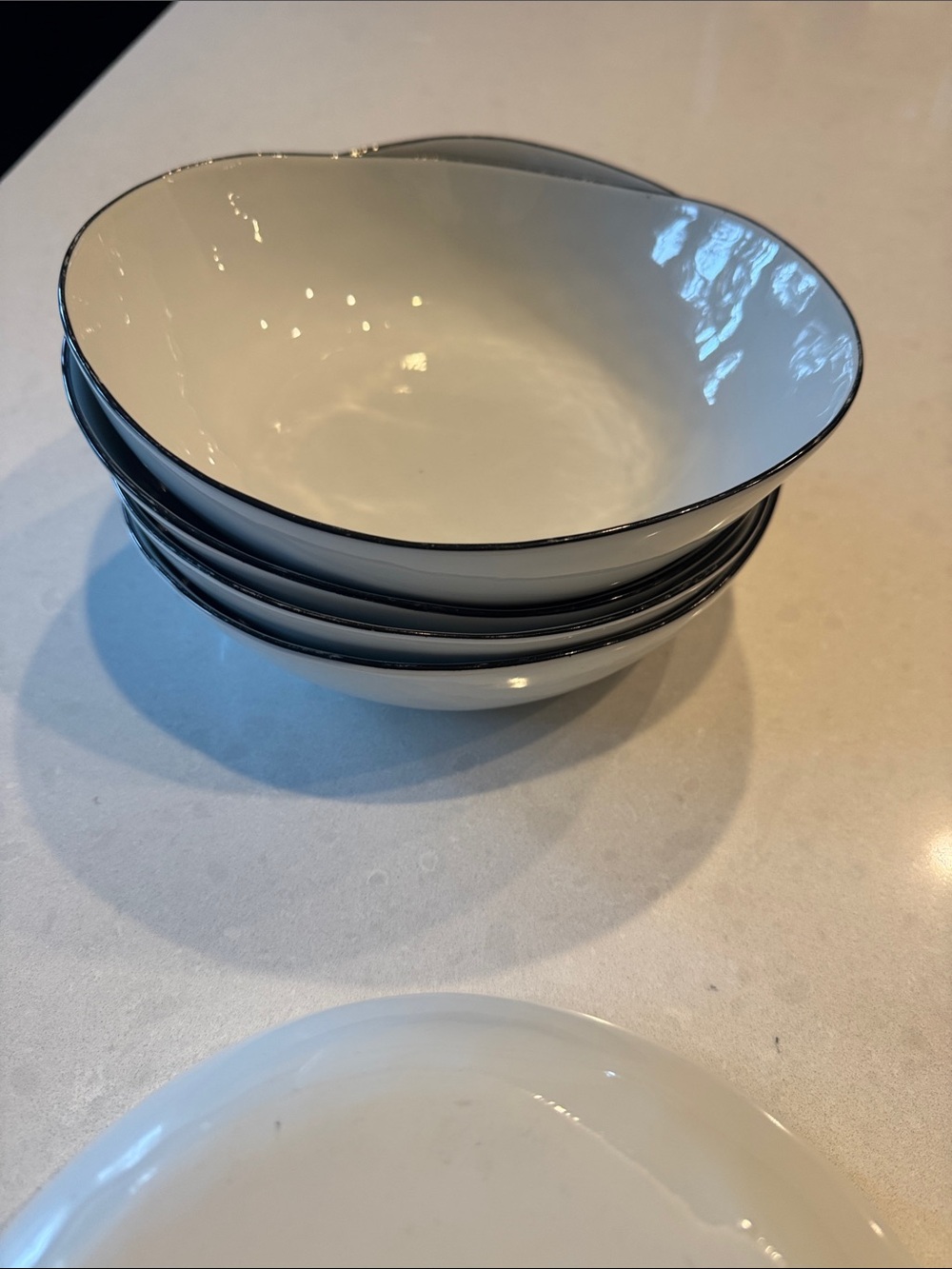 Crate&Barrel Mercer White Ceramic Bowls with Black Rim - Set of 5